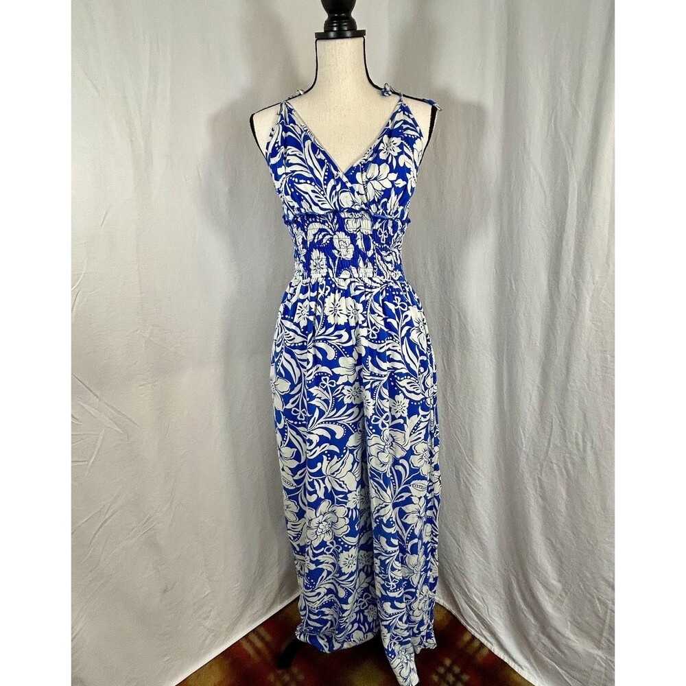 Patrons of Peace Arcadia Jumpsuit Blue White Tropical Floral Smocked Wide Leg M